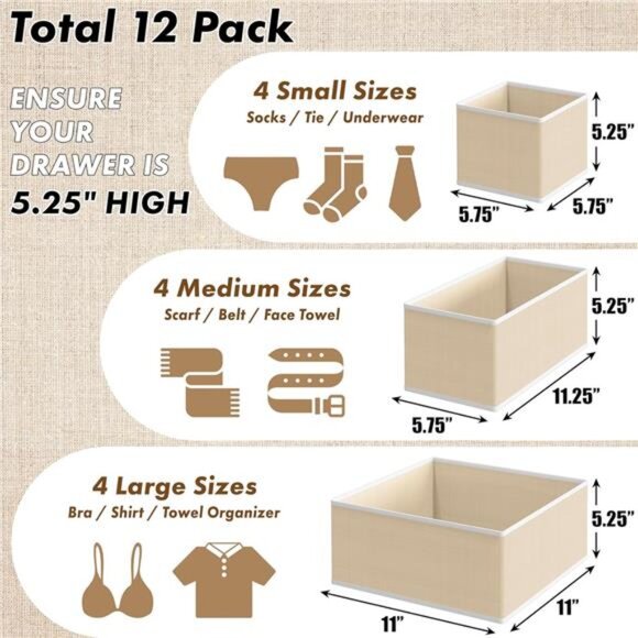 Foldable Drawer Organizer Set 12 Fabric Storage Bins Closet Dresser Home Storage - Picture 3 of 8